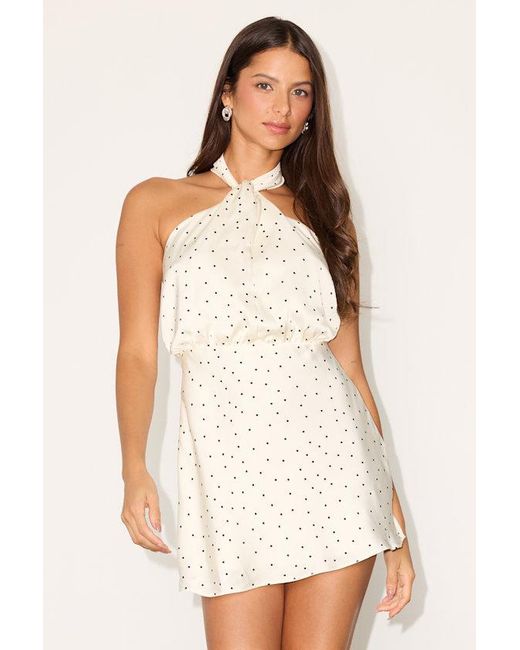 Lulus White Sleek Essence Polka Dot Satin Halter Sleeveless Mini Dress