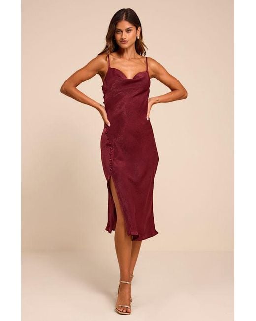 Lulus Natural Slinking Out Loud Satin Side Button Slip Dress