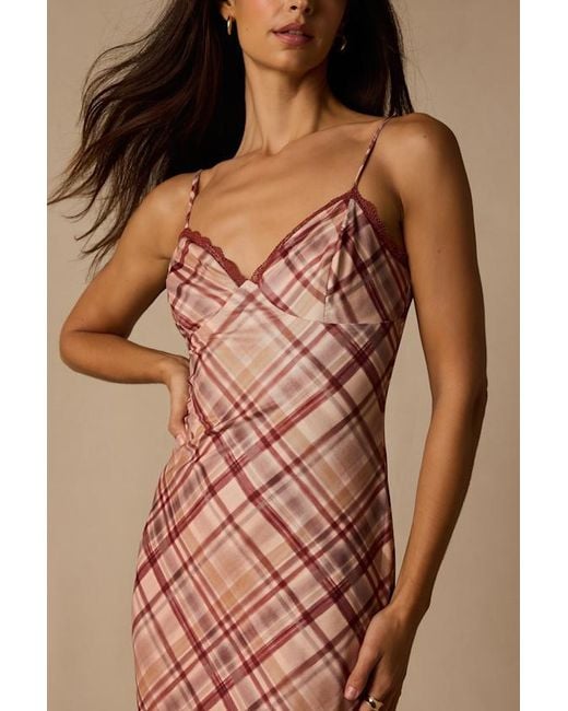 Lulus Brown Rae Multi Plaid Mesh Slip Midi Dress