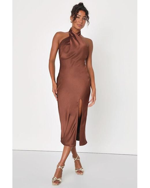 Lulus Brown Beyond Classy Satin Halter Midi Dress
