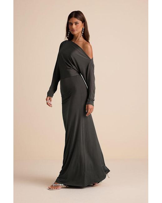 Lulus Blue Valani Charcoal Jersey Knit Asymmetrical Long Sleeve Maxi Dress