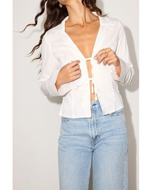 Lulus White Auclair Poplin Tie-Front Collared Long Sleeve Top