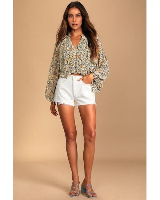 Lulus Natural Season Of Blooms Floral Print Balloon Sleeve Top