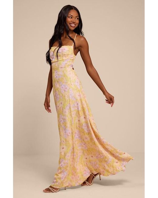 Lulus Natural Chelly Multi Floral Lace-Up Maxi Dress