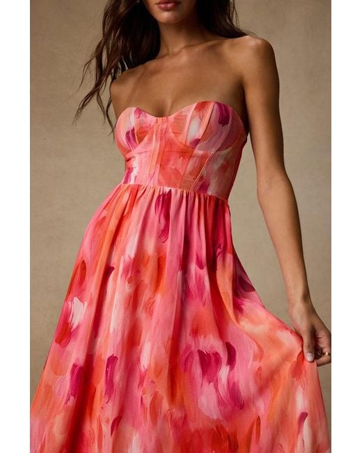 Lulus Pink Aysel Abstract Strapless Bustier Midi Dress