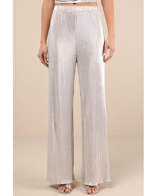 Lulus Natural Spectacular Shimmer Lurex Plisse Wide-Leg Pants