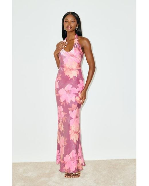 Lulus Pink Lashay And Floral Satin Halter Mermaid Maxi Dress