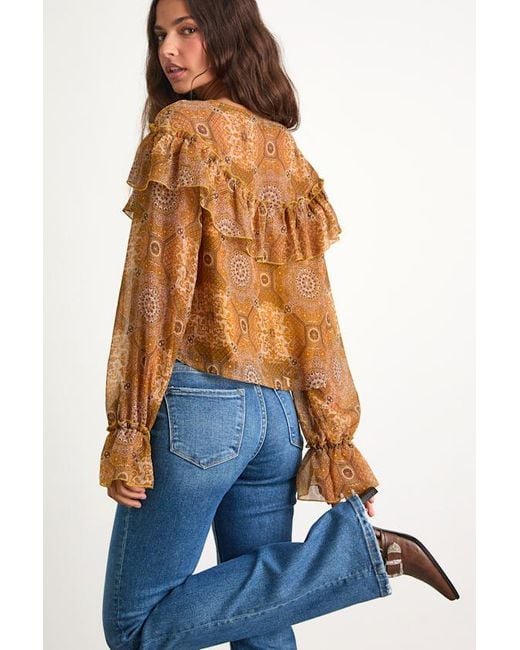 Lulus Orange Azlynn Boho Print Ruffled Tie-Front Top