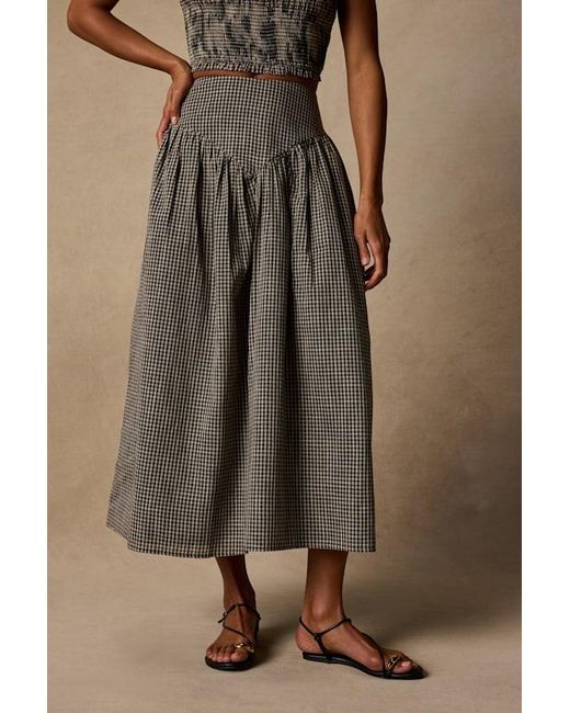 Daisy Street Brown Starling Gingham High-Rise Midi Skirt