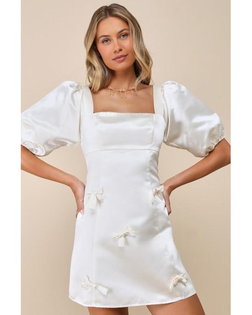 Lulus White Lovely Simplicity Satin Puff Sleeve Bow Mini Dress