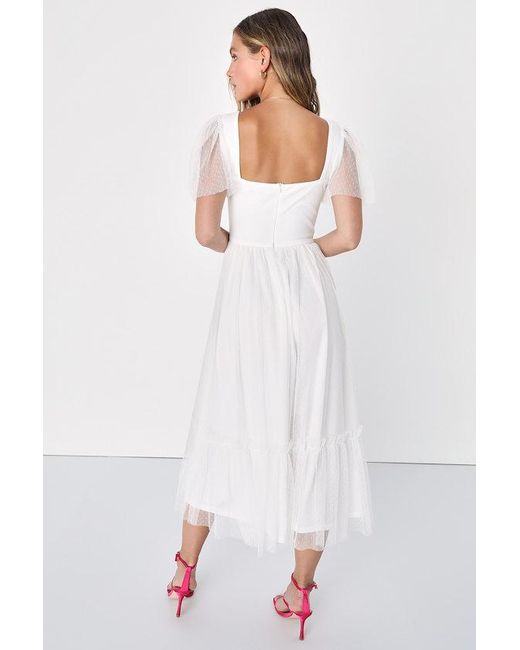 Lulus White Dreamy Celebration Tulle Bustier Swiss Dot Midi Dress