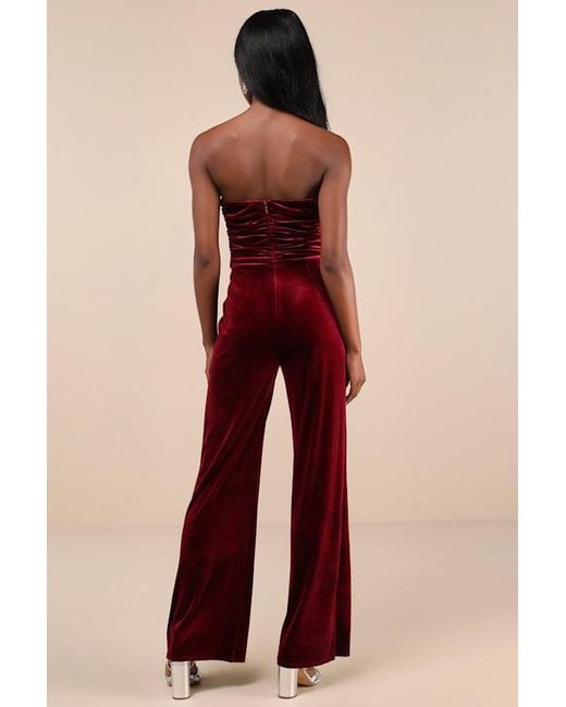 Lulus Red Fabulous Instinct Velvet Pearl Strapless Jumpsuit