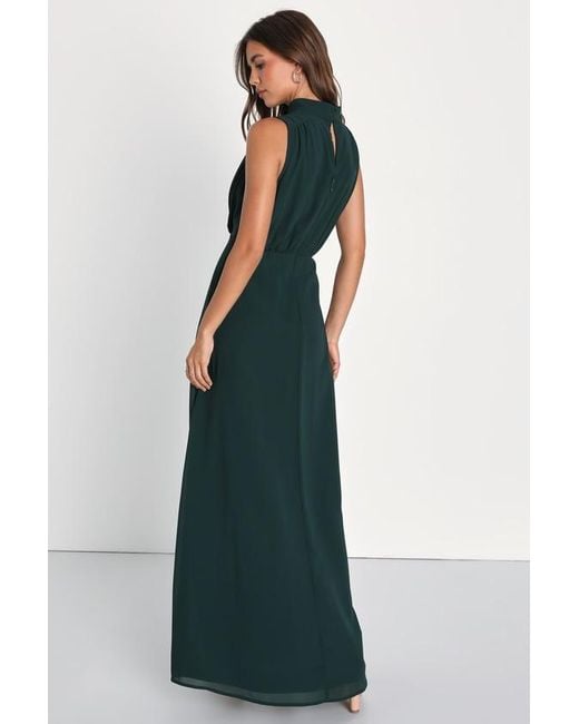 Lulus Blue Classic Elegance Emerald Chiffon Sleeveless Mock Neck Maxi Dress
