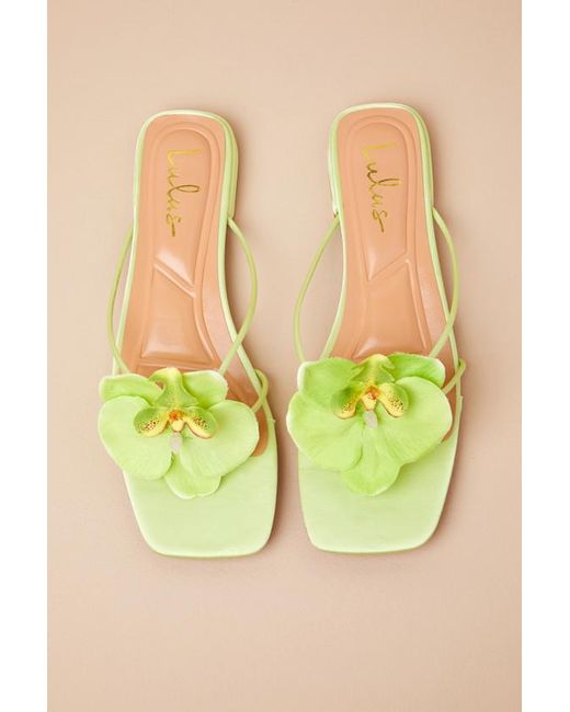 Lulus Green Florra Lime Satin Floral Applique Low Heel Slide Sandals