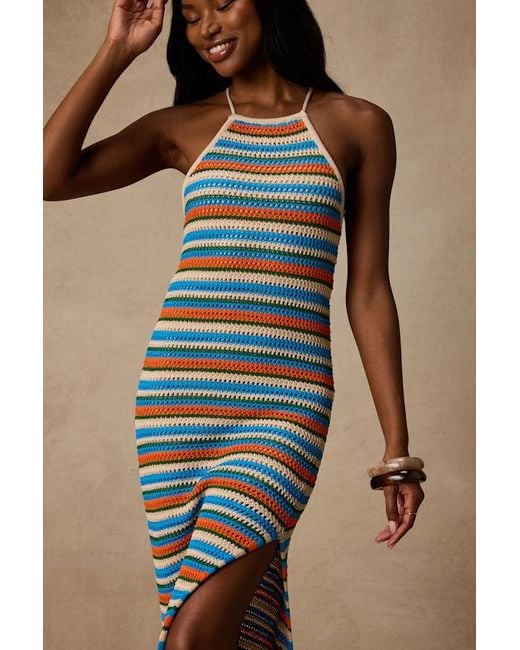Lulus Blue Nalani Multi Striped Crochet Halter Midi Dress