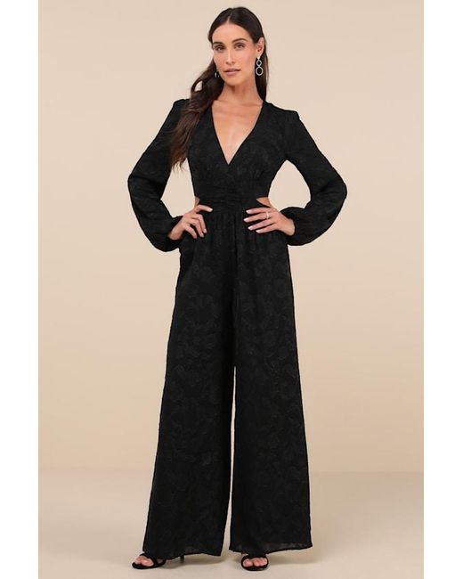 Lulus Black Ravishing Marvel Burnout Floral Cutout Wide-Leg Jumpsuit