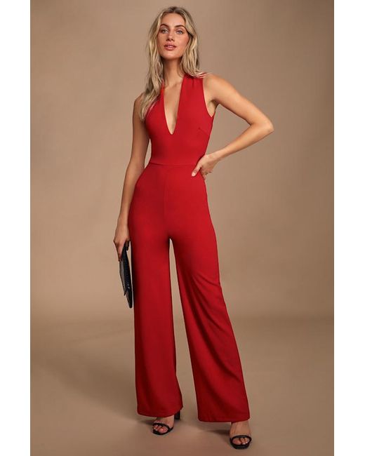 Lulus Red Thinking Out Loud Backless Jumpsuit