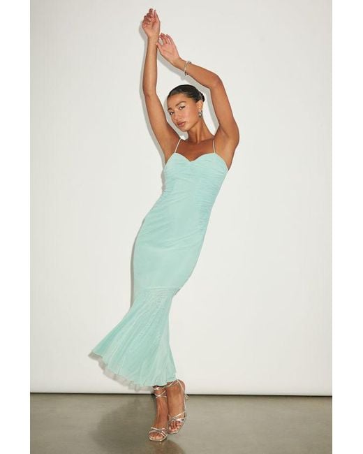 Lulus Blue Giorgina Sage Mesh Gathered Trumpet Midi Dress