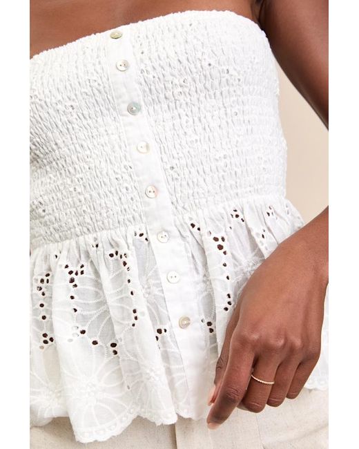 Lulus White Ahura Eyelet Embroidered Peplum Strapless Top