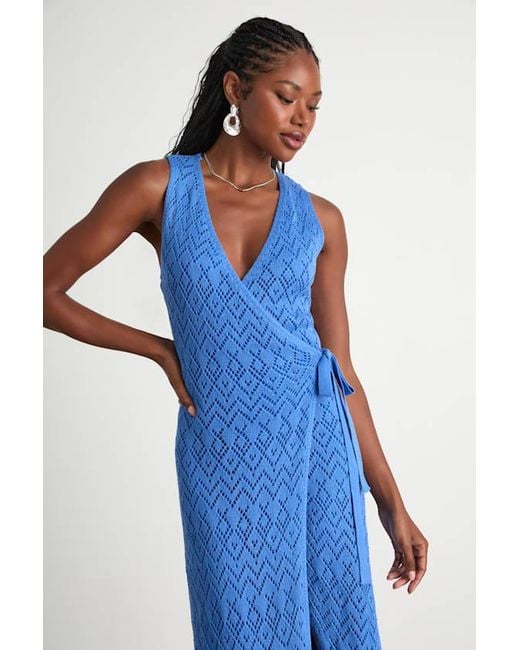 Lulus Blue Livia Pointelle Knit Wrap Midi Dress