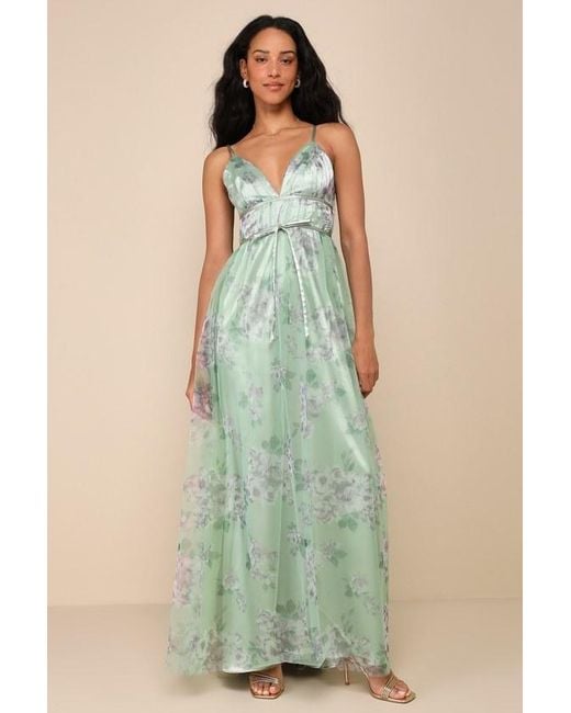 Lulus Green Delightful Invitation Floral Tulle Sleeveless Maxi Dress