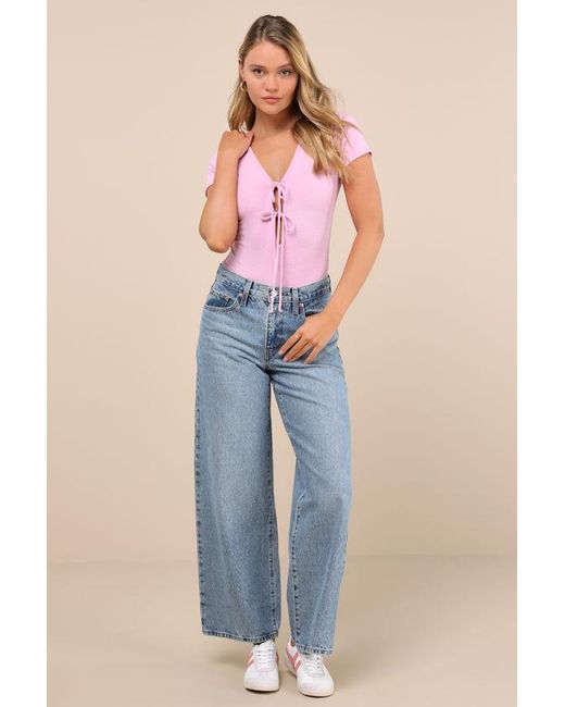Lulus Pink Lovely Ties Ribbed Knit Tie-Front Short Sleeve Bodysuit