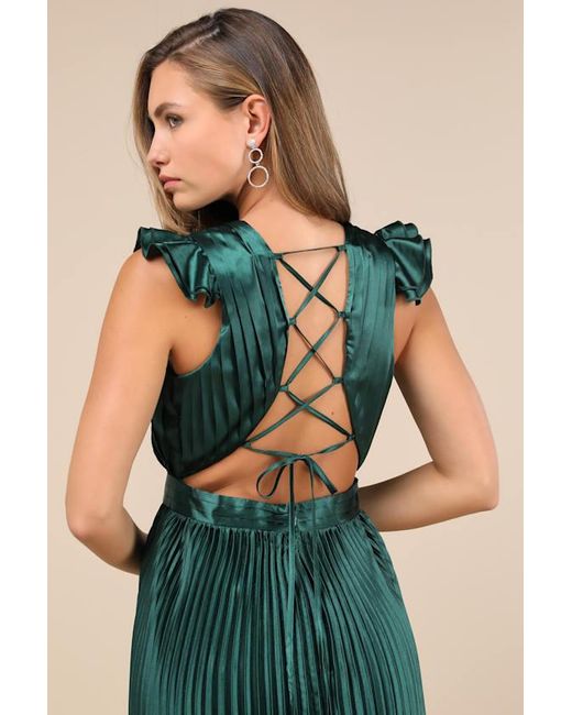 Lulus Blue Exceptional Drama Emerald Satin Lace-Up Pleated Maxi Dress
