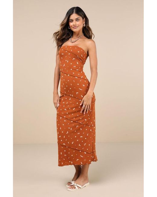Lulus Orange Summery Spirit Rust Floral Ribbed Strapless Midi Dress