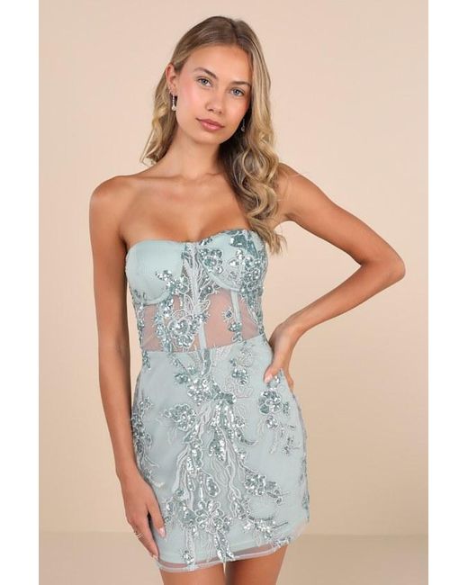Lulus Blue Unreal Date Sequin Embroidered Strapless Mini Dress