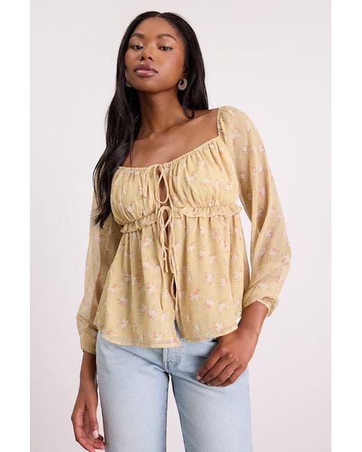 Lulus Blue Lemmie Floral Chiffon Tie-Front Long Sleeve Top