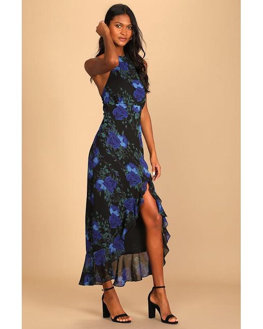 Lulus Blue Elegant Entrance Floral Print Halter Maxi Dress