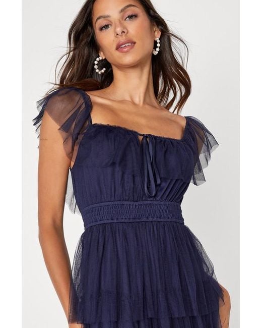 Lulus Blue Tier I Come Tulle Square Neck Tiered Midi Dress
