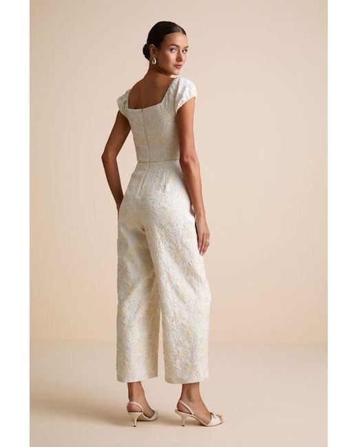 Lulus Natural New Glam Cream Floral Jacquard Bustier Off-The-Shoulder Jumpsuit