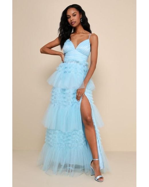 Lulus Blue Gorgeous Statement Tulle Tiered Ruffled Maxi Dress