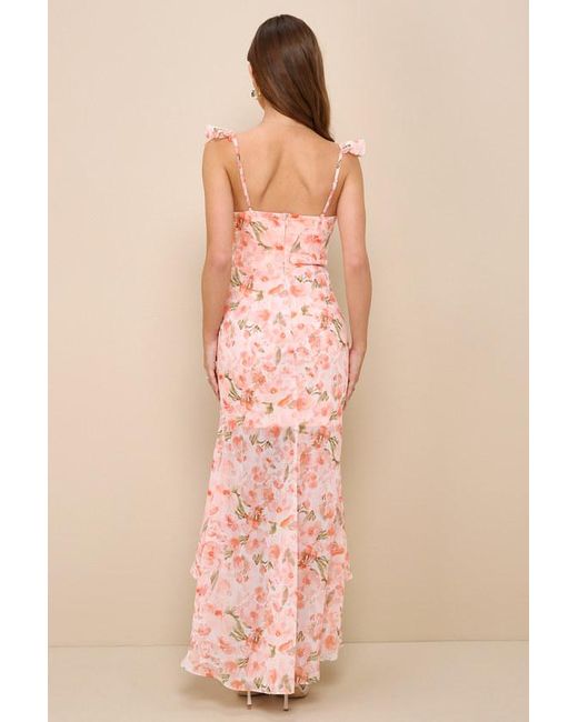 Lulus Pink Darling Glow Floral Ruffled High-Low Maxi Dress