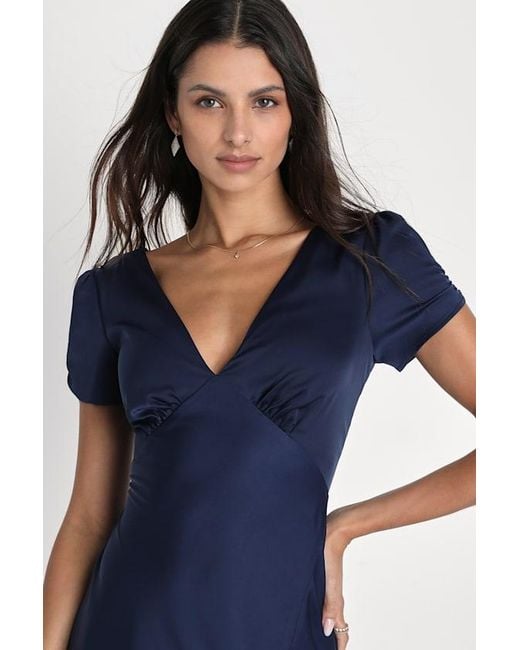 Lulus Blue Epitome Of Romance Satin Puff Sleeve Maxi Dress