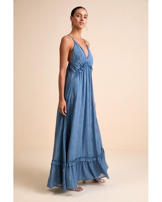 Lulus Blue Massiel Lurex Ruffled Maxi Dress