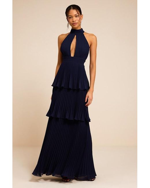 Lulus Blue Mavia Pleated Cutout Tiered Maxi Dress