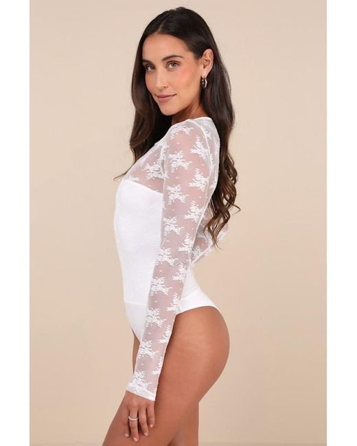 Lulus Natural Sheer-Ly Sweet Sheer Lace Crew Neck Long Sleeve Bodysuit