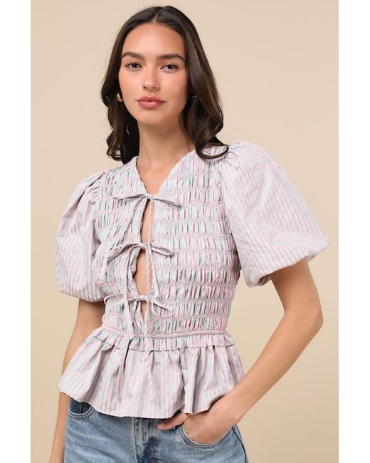 Extro & Vert Natural Nevaeh Striped Tie-Front Puff Sleeve Peplum Top