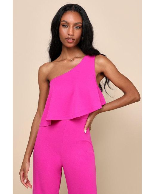 Lulus Pink Flawless Vibes One-Shoulder Tiered Wide-Leg Jumpsuit