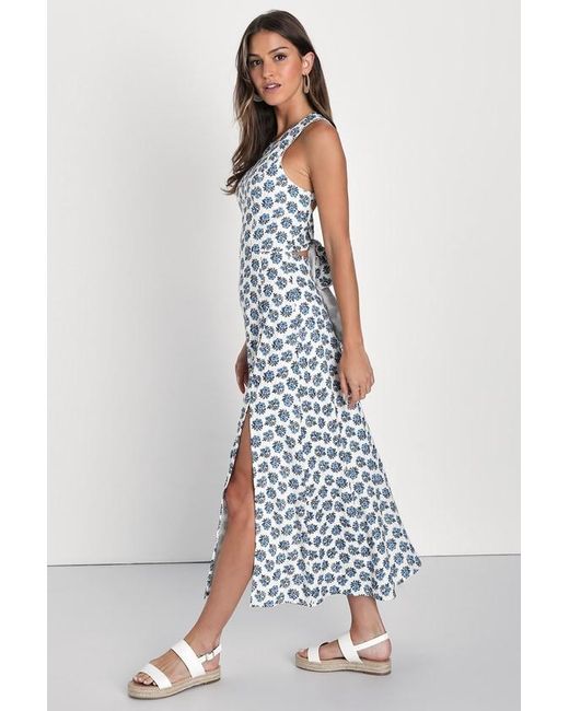 Lulus White Flirty Fave Floral Print Tie-Back Midi Dress