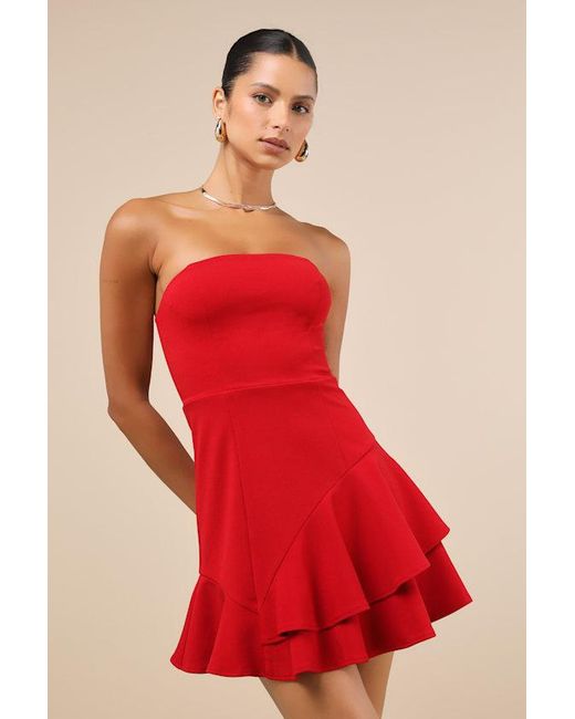 Lulus Red Sultry Intentions Strapless Ruffled Mini Dress