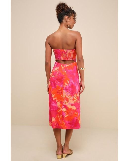 Lulus Pink Bold Tendencies Floral Strapless Cutout Midi Dress