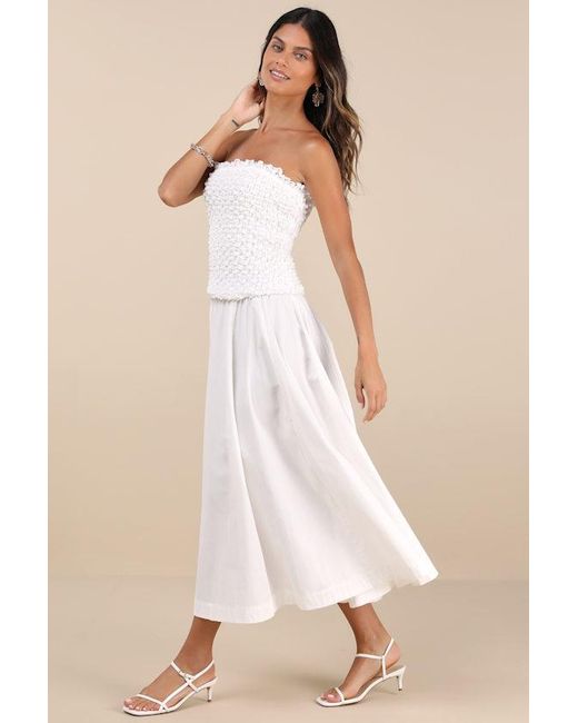 Rare London Natural Aaralyn Textured Strapless Drop Waist Midi Dress