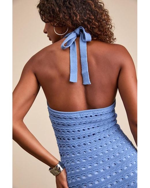 Lulus Calabria Crochet Knit Halter Midi Dress in Blue | Lyst