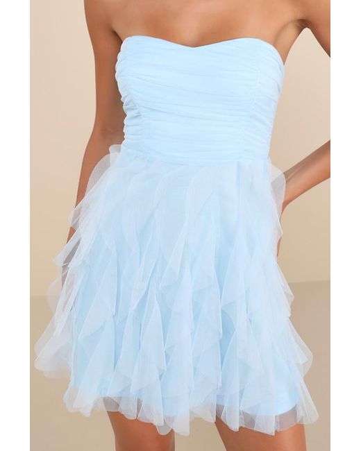 Lulus Red Delightful Beauty Mesh Strapless Ruffled Mini Dress