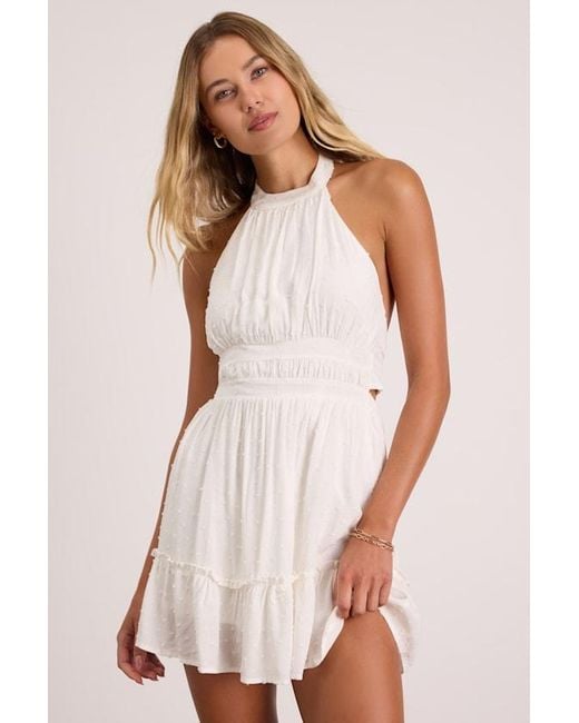 Lulus Natural Zahia Swiss Dot Ruffled Halter Mini Dress