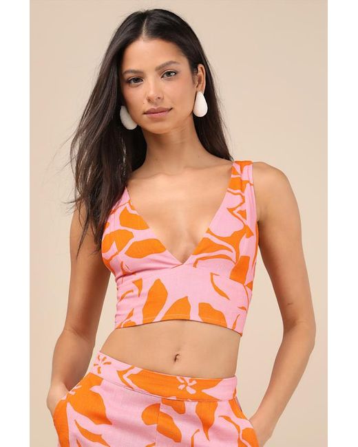 Rhythm Orange Bora Bora Floral Linen Crop Tank Top