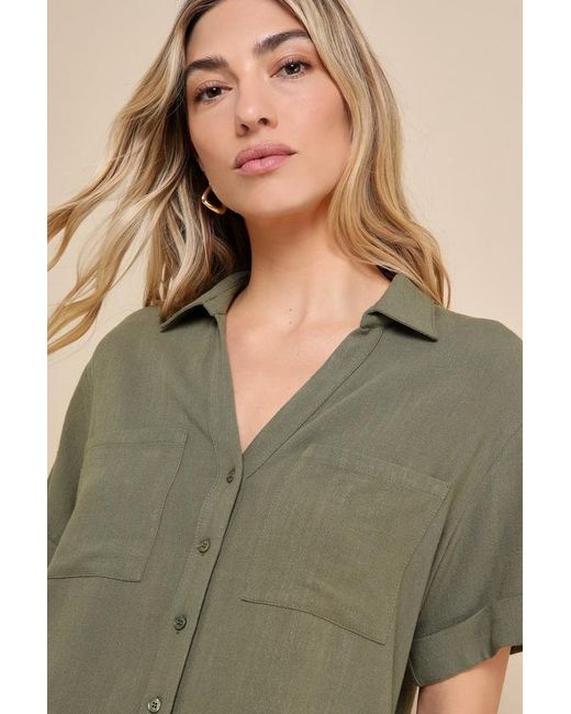 Lulus Green Summer Escapades Linen Collared Button-Up Top